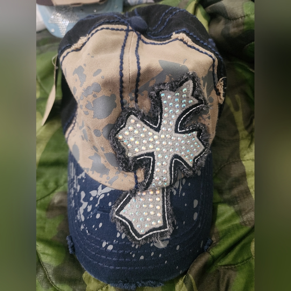 NWT Blue, Black  and Tan Cap with Cross Design *** 2 Hats For $15